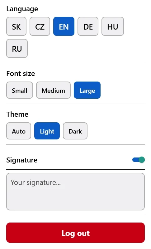 Snímka obrazovky: Nastavenia